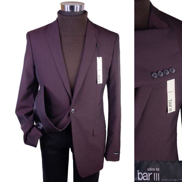 BAR III Blazer Burgundy Sz 40L Sport Coat Slim-Fit Solid Two Button Wool Blnd - Picture 1 of 14